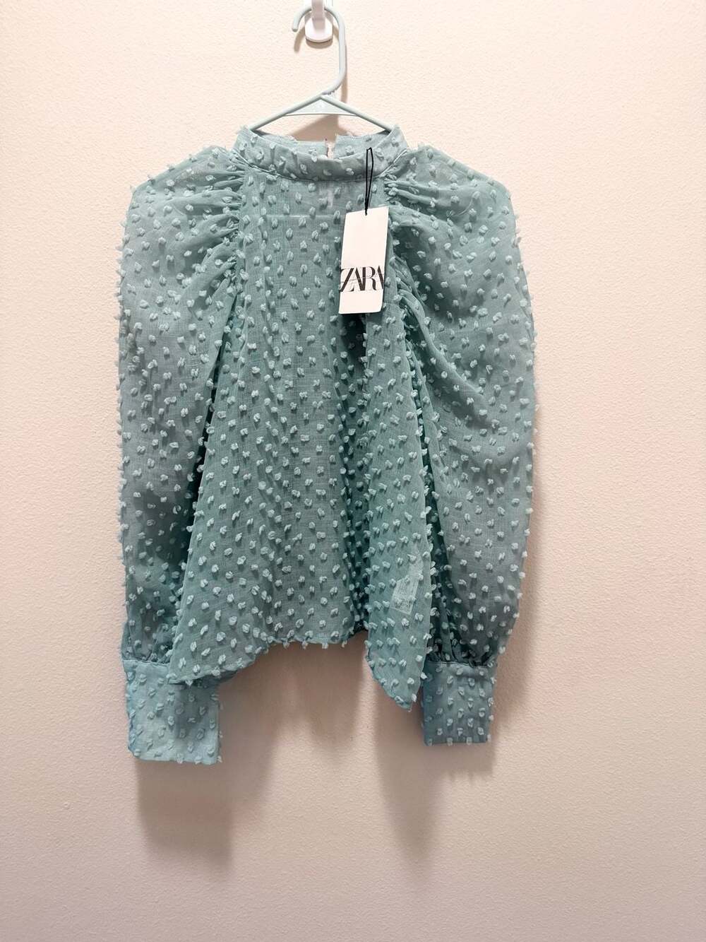 Zara Mint Green Sheer Textured Dot Blouse High Neck Ruffle Puff Sleeve XS